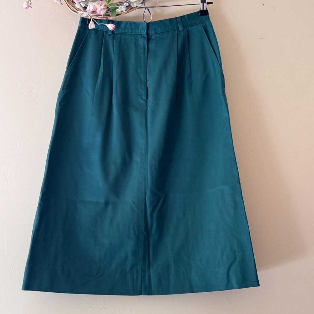 David Brooks Midi Skirt Sz 12 Pleated Green Twill 70s 80s USA